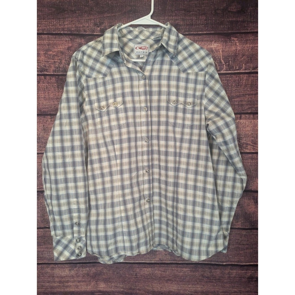 Roper Pearl Hexagon Snap Womens XL Plaid Long Cowboy Workwear Rodeo Ranch Horse‎
